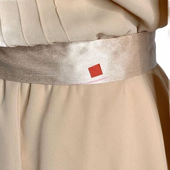 Vintage 80s Pleated Chiffon Midi Dress M Pink Embroidered Applique Satin Belt - Picture 10 of 11